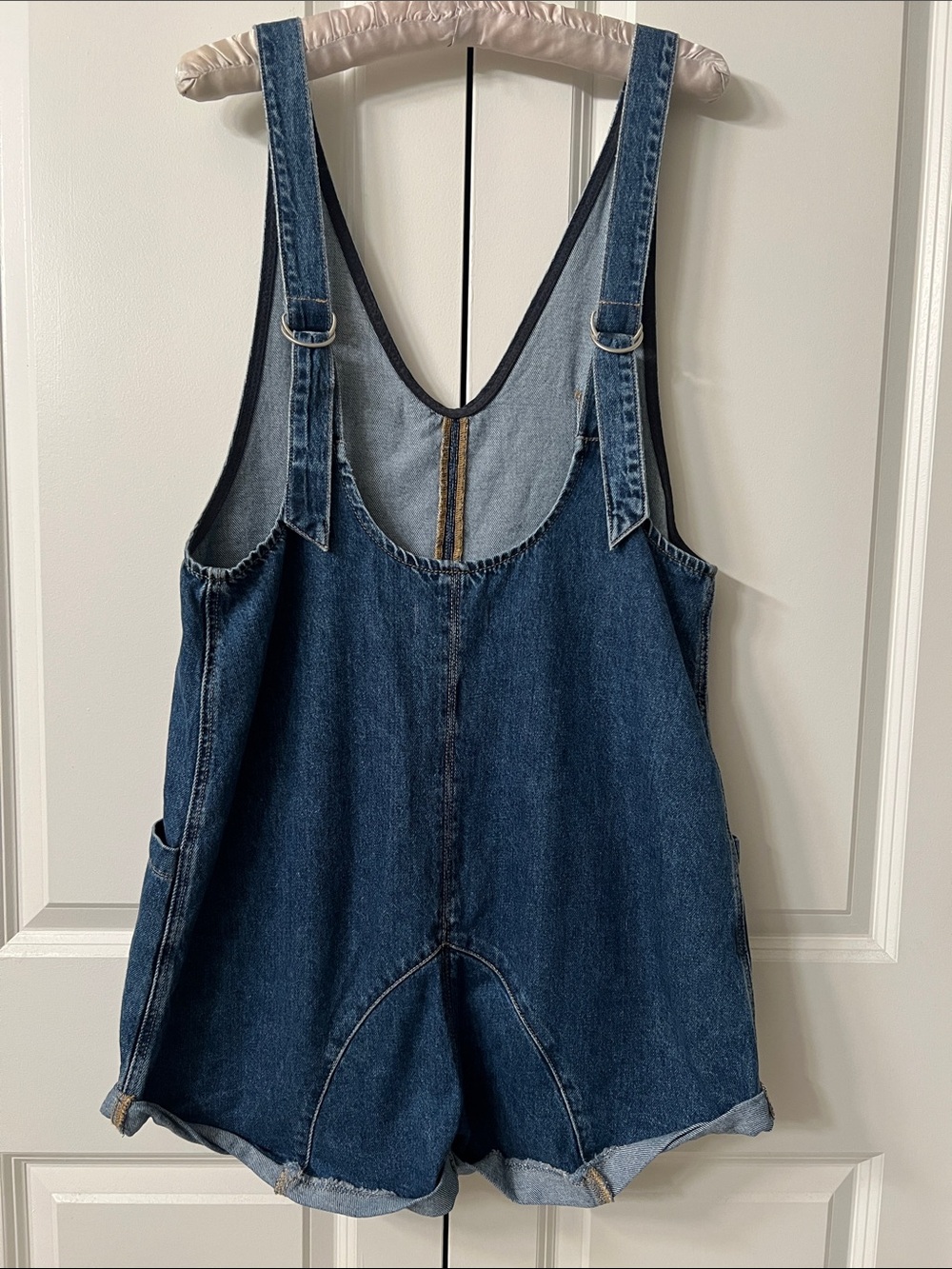 We The Free Dark Blue Denim Women's Short Overalls with Front Patch Pockets - Picture 3 of 5